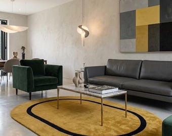 Modern Handmade Oval Shape Wool Rug Mustard Yellow Black Border Tufted Carpet High Pile Luxury Living Room Bedroom Play Study Room Decor