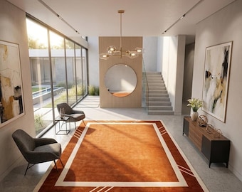Designer Rug Modern Abstract Handmade Wool Terracotta Orange Luxury Carpet for Bedroom, Living room & Contemporary Custom Kitchen Rugs 8X10