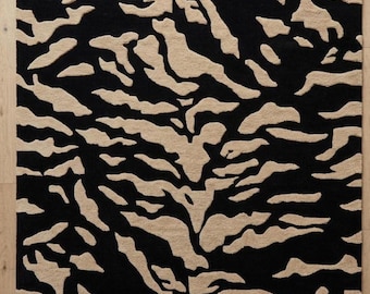Modern Abstract Black and Beige Area Rug Hand Tufted Wool for Living Room & Bedroom Contemporary Designer Rug Custom Size Minimalist Carpets