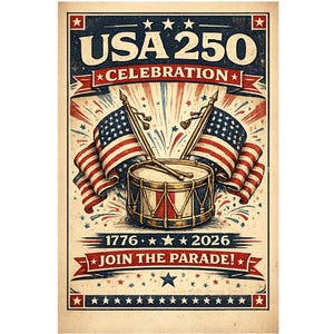 USA 250 Feier Kreuzstichmuster, Fantastische Trommel und amerikanische Flaggen Design, Vintage Parade Poster, Vierter Juli Dekor Kunst