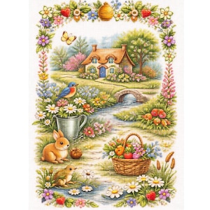 Cottage Garden Cross Stitch Pattern, Rabbit Bird Floral Landscape Embroidery (Digital Download)