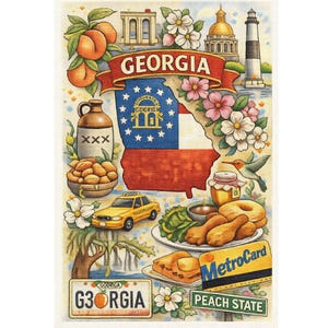 May include: A colorful illustration of Georgia, featuring peaches, the state flag, and landmarks. The word "GEORGIA" is displayed in a banner. Other elements include a yellow taxi, a license plate, and the words "PEACH STATE".