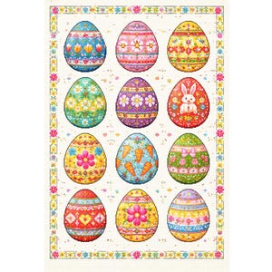 Könnte beinhalten: Ein dekoratives Ostermotiv mit zwölf bunten Eiern. Jedes Ei ist einzigartig gestaltet mit Blumenmustern, Karotten und einem Hasen, vor einem weißen Hintergrund mit floralem Rand. Die Eier sind etwa 5 cm hoch.