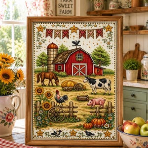 May include: A framed cross-stitch embroidery depicting a rural farm scene with a red barn, a silo, a brown horse, a black and white cow, a rooster, a pig, sunflowers, and pumpkins. The artwork features a decorative border with stars and bunting.