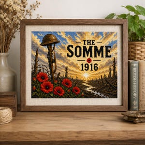 May include: A framed cross-stitch artwork depicting a battlefield scene with a soldier's helmet on a rifle, red poppies, and a sunset sky. The text reads THE SOMME 1916 with a small red poppy icon between the lines, all set in a brown wooden frame.