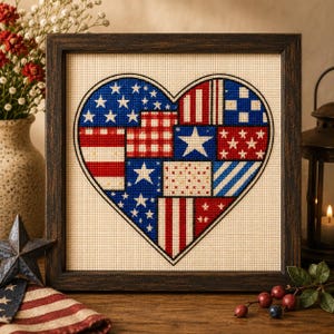 Patchwork Patriotic Heart Cross Stitch Pattern PDF — Americana Quilt Heart — Instant Download