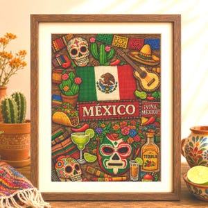 Mexican Fiesta Cross Stitch Pattern, Sugar Skull Cactus Tequila Folk Art Sampler (PDF Download)