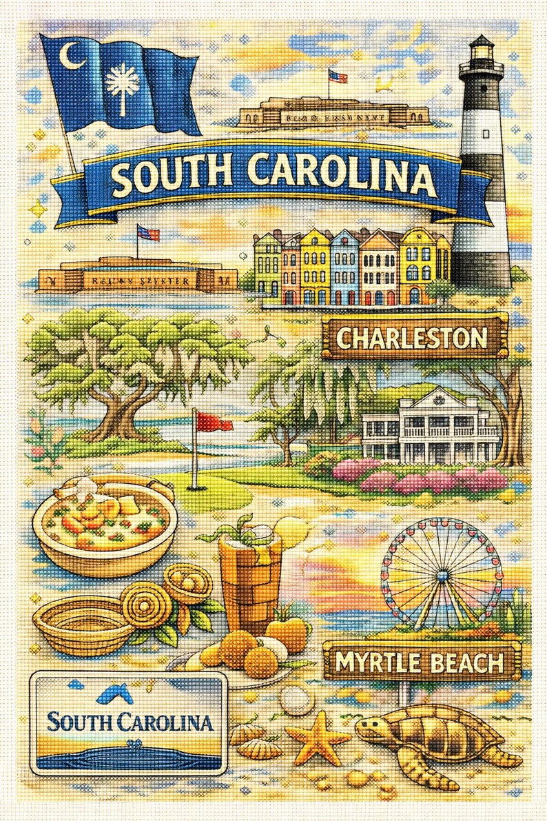 South Carolina Cross Stitch Pattern, Charleston Myrtle Beach Sampler ...