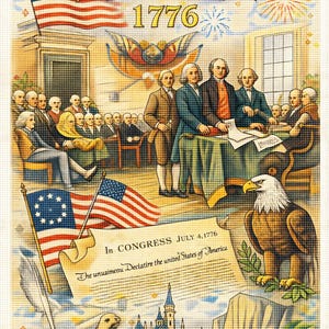 Korsstygnsmönster för USA:s 250-årsjubileum av självständighetsförklaringen 1776, patriotiskt exempelmönster i PDF-format