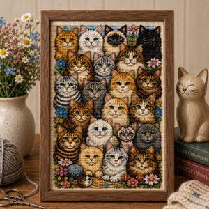Cat Collage Cross Stitch Pattern – Multi Breed Kittens, Floral Sampler (Digital Download)