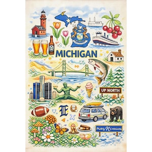 May include: A colorful needlepoint design featuring iconic Michigan imagery. Includes a lighthouse, the state outline, a bridge, a fish, a football, and the text "MICHIGAN" and "UP NORTH". The design is on a cream-colored background.