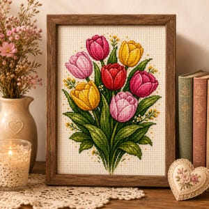 Tulip Bouquet Cross-Stitch Pattern, Spring Floral Embroidery Design (PDF)