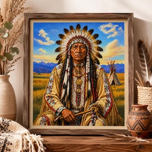 Lakota-Inspired Native American Chief Cross Stitch Pattern, Beaded Headdress Portrait PDF, Western Tribal Wall Art Design