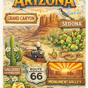 Peut inclure: Une œuvre d'art colorée sur le thème de l'Arizona, avec le mot "ARIZONA" au-dessus de paysages désertiques et de monuments. Comprend une montgolfière, un panneau du Grand Canyon, un panneau de Sedona, des cactus, un train, un panneau de la Route 66 et Monument Valley.
