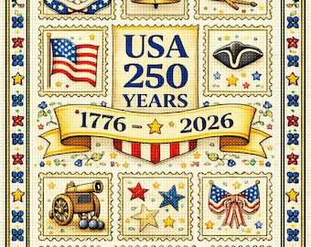 May include: A patriotic design featuring a collection of postage stamp-style illustrations. The artwork includes an American flag, a bald eagle, a liberty bell, a drum, and crossed rifles. The text reads "USA 250 Years 1776-2026".