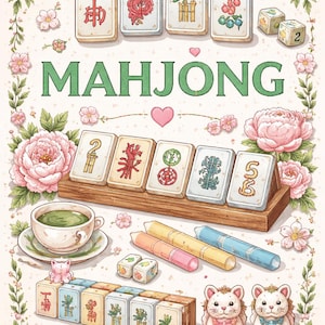 Puede incluir: Ilustración decorativa de un juego de Mahjong. La imagen presenta fichas de Mahjong, dados y lápices, junto con una taza de té y elementos florales. La palabra "Mahjong" está escrita en verde.