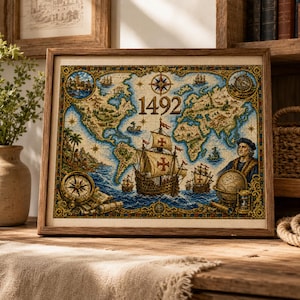 Kreuzstichmuster „Weltkarte von Columbus“, historische Entdeckungskarte (PDF), Segelschiffe, maritimes Stickmuster, digitaler Download
