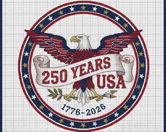 May include: A circular design featuring a bald eagle with outstretched wings, in red, white, and blue. The design includes the text "250 YEARS USA" on a banner, with the years "1776-2026" below. The design is surrounded by a ring of stars.