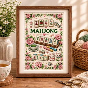 Mahjong Floral Cross Stitch Pattern, Peony Game Night Embroidery Chart (PDF)
