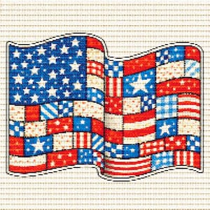 May include: A stylized depiction of the American flag, featuring a patchwork design. The flag incorporates the traditional red, white, and blue colors, with stars and stripes arranged in a unique, artistic pattern. The image has a textured appearance.