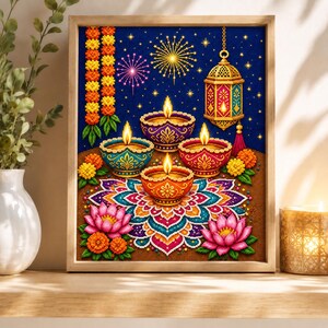 Diwali kruissteekpatroon PDF, Festival van Lichtjes Diyas Rangoli Lotuslantaarn, Kleurrijk Indiaas Feest Telpatroon Kruissteek