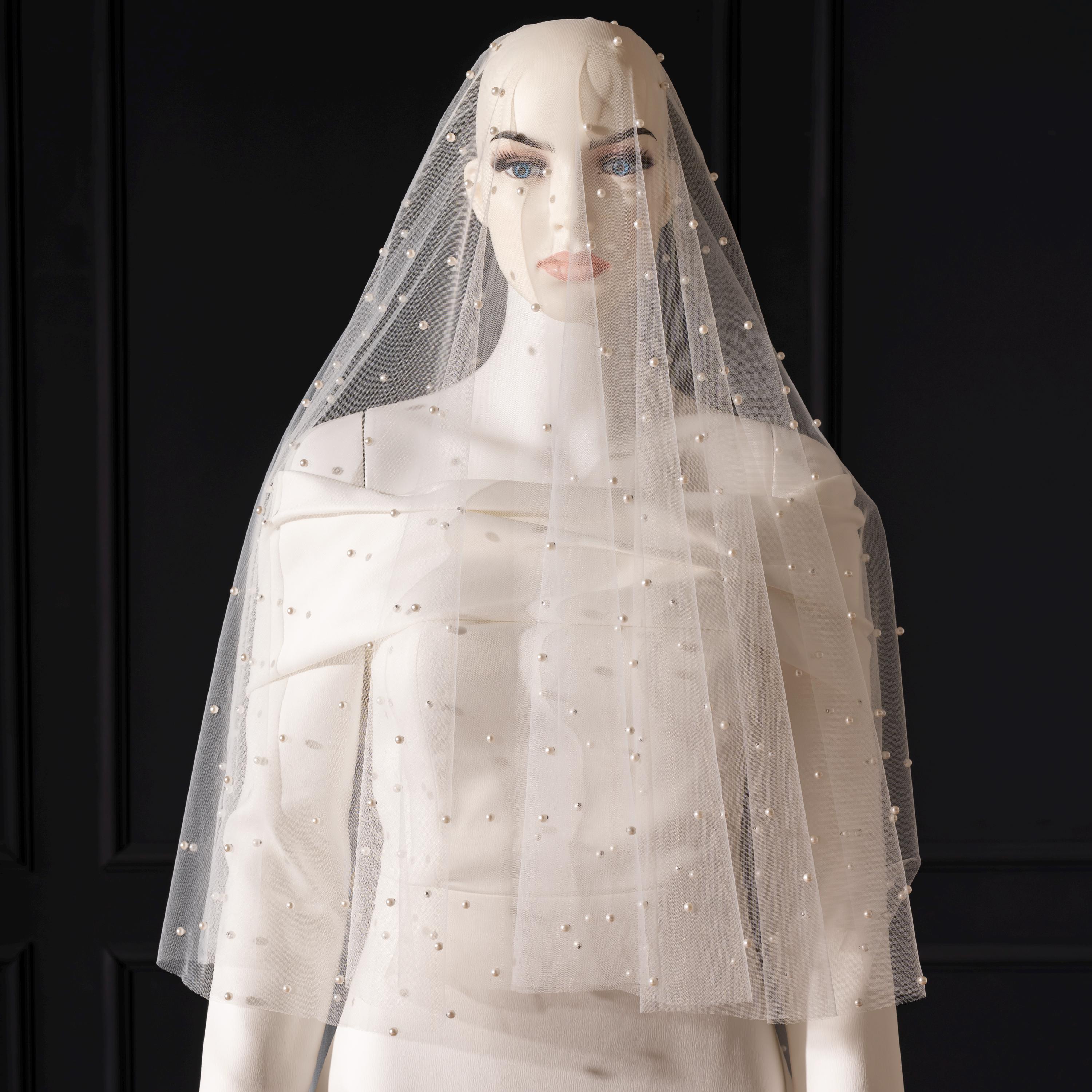 Elegant Fingertip Veil 51” long
With 27” Blusher 
Pearls & Swarovski crystals Wedding chapel veil with blusher and embellished - Dainty  main image 2