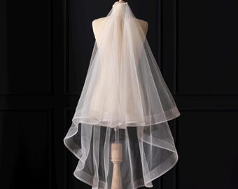 Horsehair Wedding Veil,Two-Tier Bridal Veil with Horsehair Trim,Soft Pure White Crinoline Edge Veil,Cascading Bridal Veil with Blusher