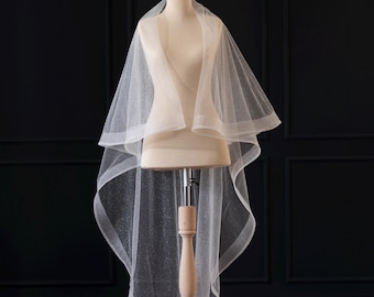 Horsehair Veil,Two Tier Cathedral Length Veil , Soft Pure White Crinoline Edge Veil With Blusher Bridal Cascading Veil,Two Tier Veil,Sparkle