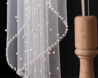 Wedding Veil,Pearl Wedding Veil,1 Tier Fingertip Ivory Veil,Crystal Edge Veil,Waltz Wedding Veil,Handmade Veil, Single Layers