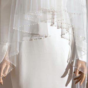 Double Tier Pearl Wedding Veil, Pearl Beaded Bridal Veil with Blusher,Edge Pearl Bead Embroidered Veil,Custom Ivory Wedding Veil