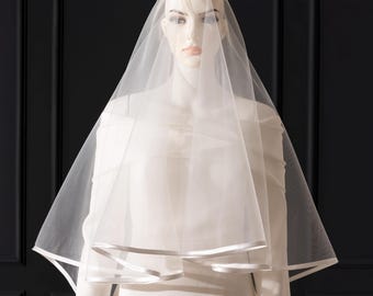 Satin Ribbon Wedding Veil ,Two Tier Satin Edge Veil,Bridal Cascading Fingertip Veil,Chapel Cathedral Veil,Simple Wedding Veil
