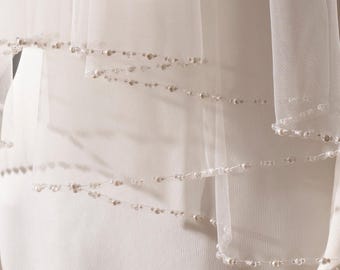 Two Tier Pearl Wedding Veil, Pearl Beaded Bridal Veil with Blusher,Cascading Pearl Veil for Bride,Handmade Veil,Luxury Bridal Hair Accessory