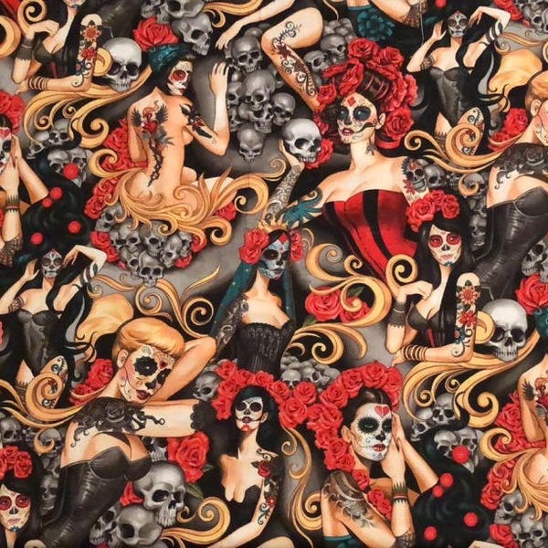 Alexander Henry las Elegantes (red) Tattoos, Skulls & Roses Day of the Dead Premium Cotton Fabric by the yard and by the half yard