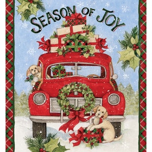 Susan Winget Season of Joy Red Truck Premium Christmas Cotton Fabric Panel by the panel