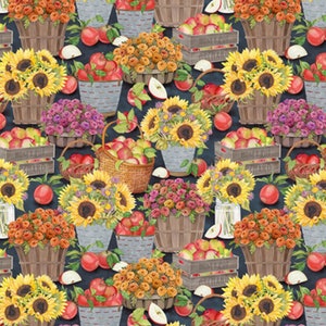 Susan Winget Fall Market Basket Flowers Premium Cotton Fabric by the yard and by the half yard