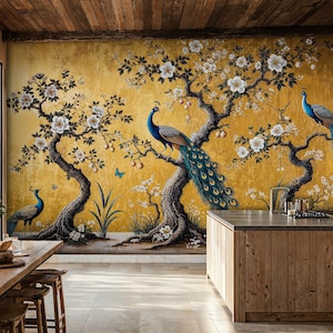 Carta da parati murale Chinoiserie dorata, carta da parati staccabile e adesiva con pavone, carta da parati Chinoiserie vintage, carta da parati rimovibile Chinoiserie dorata