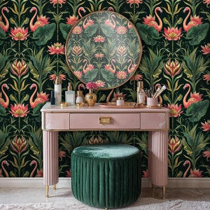 Flamingo Peel and Stick Wallpaper, Tropisch mit Flamingos Wallpaper Retro, Dunkle Tropische Blumen Wallpaper, Lotus Flower Wallpaper