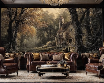 May include: A living room interior with a large painting of a forest scene with a small stone building in the distance. The room is decorated with two brown leather armchairs, a brown leather sofa, and a coffee table with a book on it. The walls are painted a dark brown color and the floor is covered in a patterned rug.