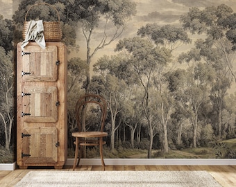 Vintage Tree Landscape Mural: Rural Peel and Stick Wallpaper