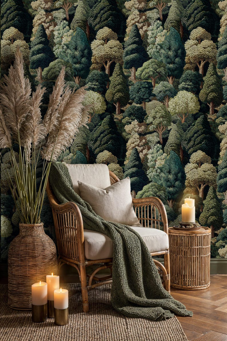 Verdure Forest Peel and Stick Wallpaper: Vintage Forest Wall Mural - Etsy