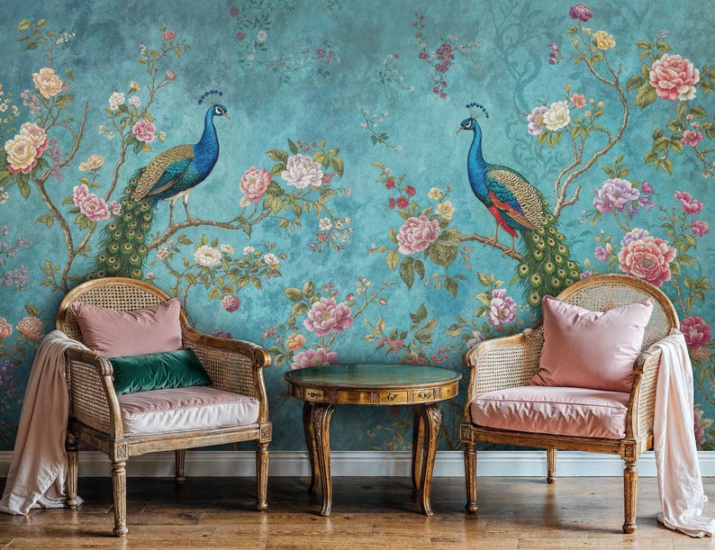 May include: Two vintage-style chairs with pink cushions and green throw pillows are placed in front of a teal blue wall with a floral and peacock design. A small round wooden table sits between the chairs.