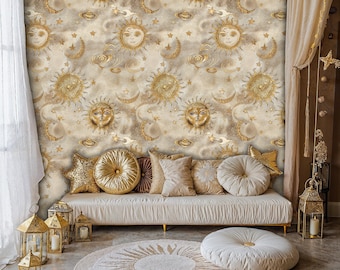 Gold Celestial Peel and Stick Wallpaper: Sun, Moon & Stars