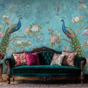 Blue Peacock Chinoiserie Peel and Stick, Floral Chinoiserie Wallpaper, Chinese Bird and Floral Mural, Floral Chinoiserie Wallpaper Panels