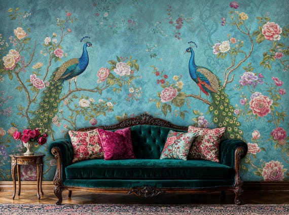 Blue Peacock Chinoiserie Wallpaper: Floral Peel and Stick Mural