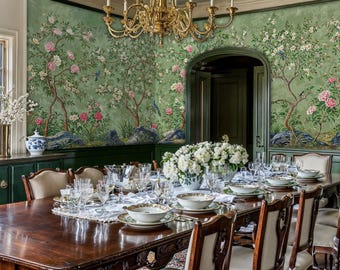 Sage Green Chinoiserie Wallpaper: Birds, Peonies, Floral Wall Mural