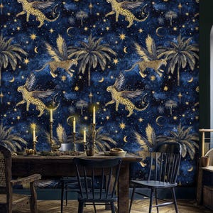Carta da parati leopardata stravagante, carta da parati blu scuro staccabile e attaccabile, murale con palma e stelle dorate e cielo notturno magico, carta da parati rimovibile per cameretta dei bambini