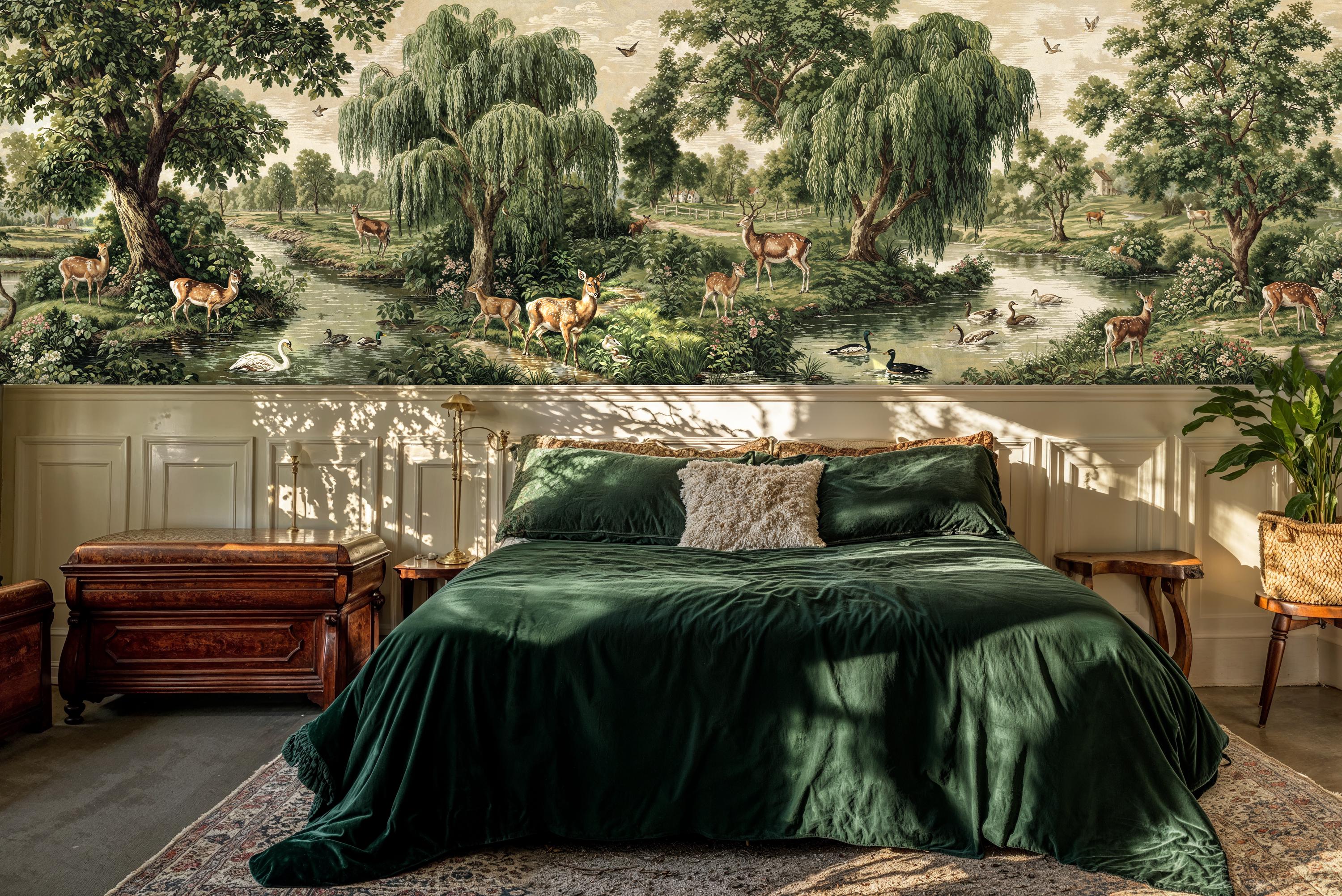 Pastoral Landscape Wallpaper: Vintage Deer Mural, Peel and Stick - Etsy