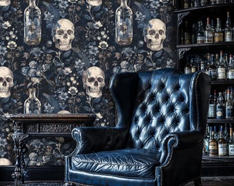 May include: A dark blue wallpaper with a repeating pattern of skulls, flowers, and glass bottles. The wallpaper is in a room with a dark blue leather armchair.