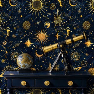 Carta da parati galassia celeste blu navy, carta da parati staccabile e adesiva notte stellata blu navy, carta da parati luna e stelle blu navy oro, carta da parati costellazione