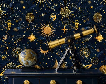Navy Celestial Peel and Stick Wallpaper: Gold Sun, Moon, Stars